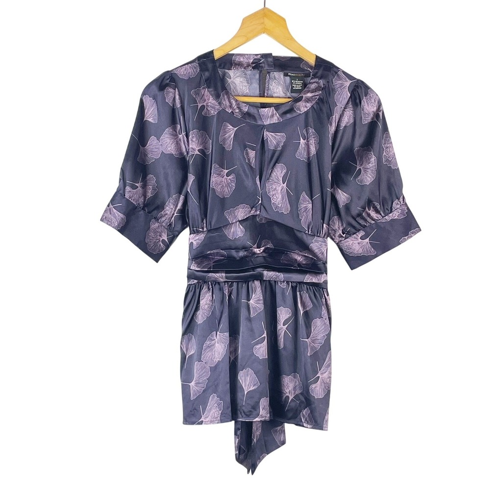 BCBG Max Azria Y2K Women's Purple Satin Going Out Top Size Large Pink Flower GUC